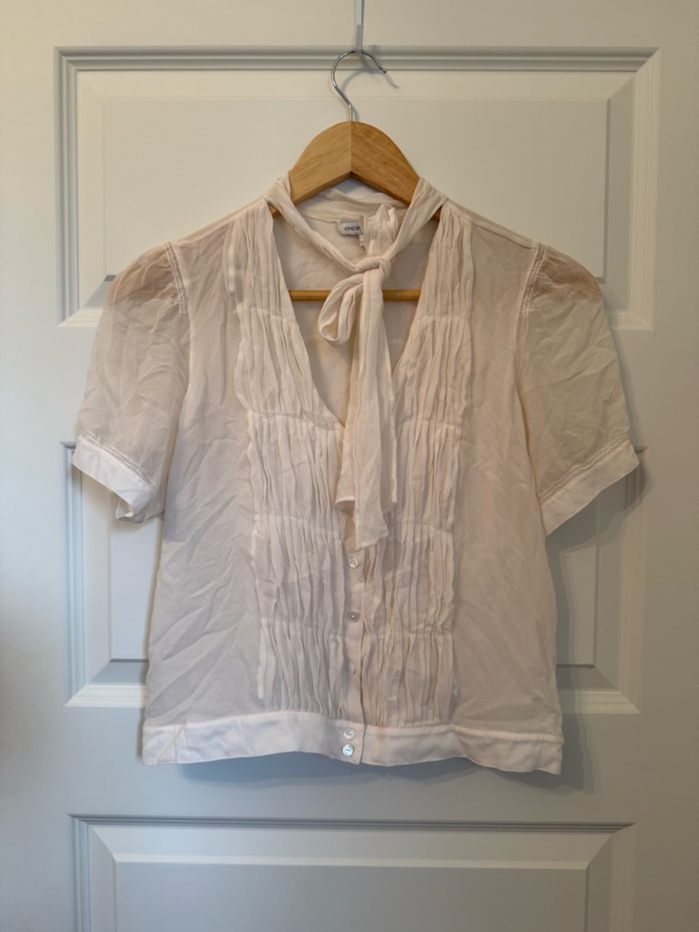 Vince Pale Cream Sheer Tie-Neck Pleated Short Sleeve Blouse